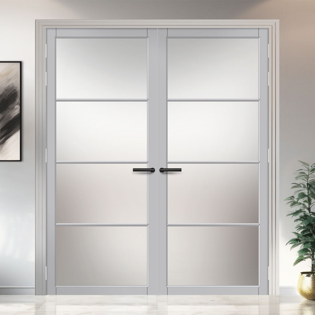 Florence Solid Wood Internal Door Pair UK Made DD0114F Frosted Glass - Mist Grey Premium Primed - Urban Lite® Bespoke Sizes