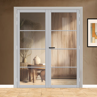 Image: Florence Solid Wood Internal Door Pair UK Made DD0114C Clear Glass - Mist Grey Premium Primed - Urban Lite® Bespoke Sizes