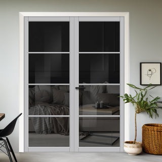 Image: Firena Solid Wood Internal Door Pair UK Made DD0114T Tinted Glass - Mist Grey Premium Primed - Urban Lite® Bespoke Sizes