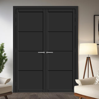 Image: Florence Panel Solid Wood Internal Door Pair UK Made DD0114P - Shadow Black Premium Primed - Urban Lite® Bespoke Sizes