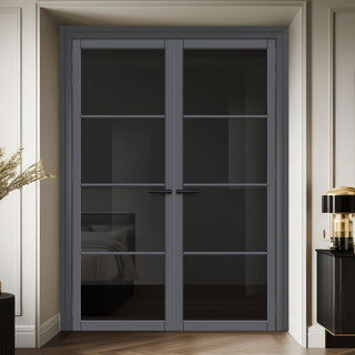 Image: Florence Solid Wood Internal Door Pair UK Made DD0114T Tinted Glass - Stormy Grey Premium Primed - Urban Lite® Bespoke Sizes