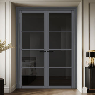 Image: Firena Solid Wood Internal Door Pair UK Made DD0114T Tinted Glass - Stormy Grey Premium Primed - Urban Lite® Bespoke Sizes