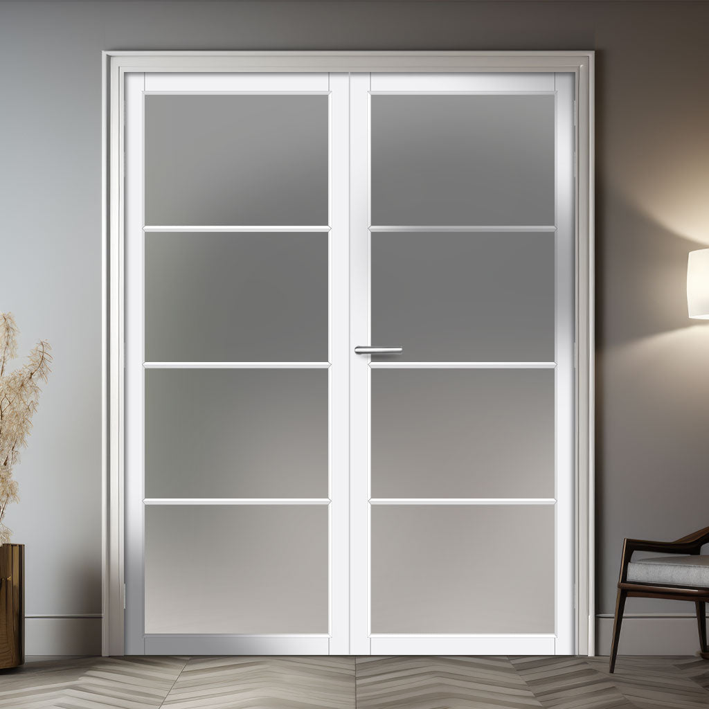 Firena Solid Wood Internal Door Pair UK Made DD0114F Frosted Glass - Cloud White Premium Primed - Urban Lite® Bespoke Sizes