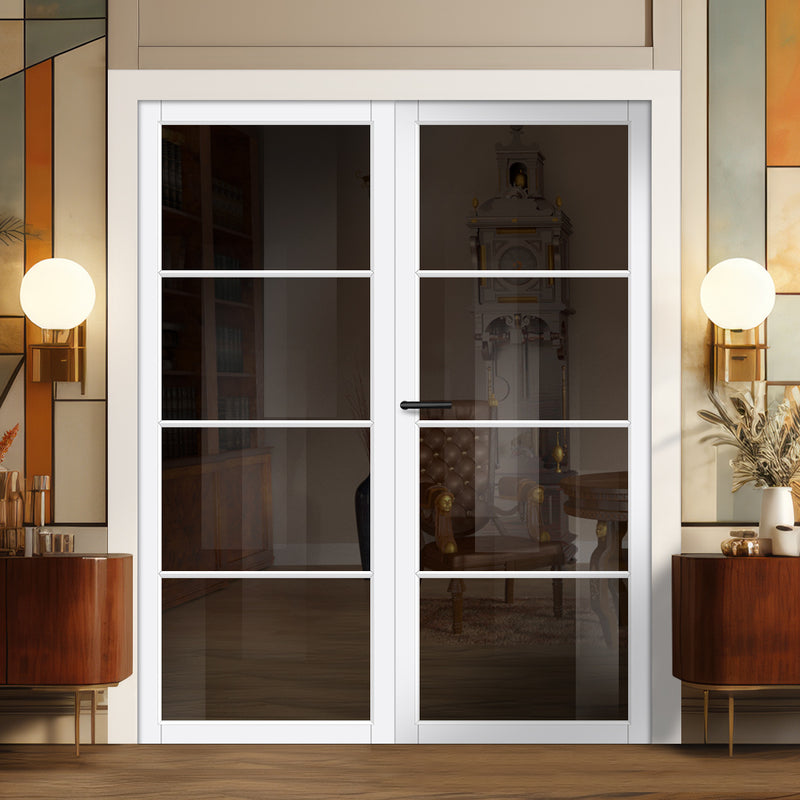 Florence Solid Wood Internal Door Pair UK Made DD0114T Tinted Glass - Cloud White Premium Primed - Urban Lite® Bespoke Sizes