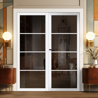 Image: Firena Solid Wood Internal Door Pair UK Made DD0114T Tinted Glass - Cloud White Premium Primed - Urban Lite® Bespoke Sizes