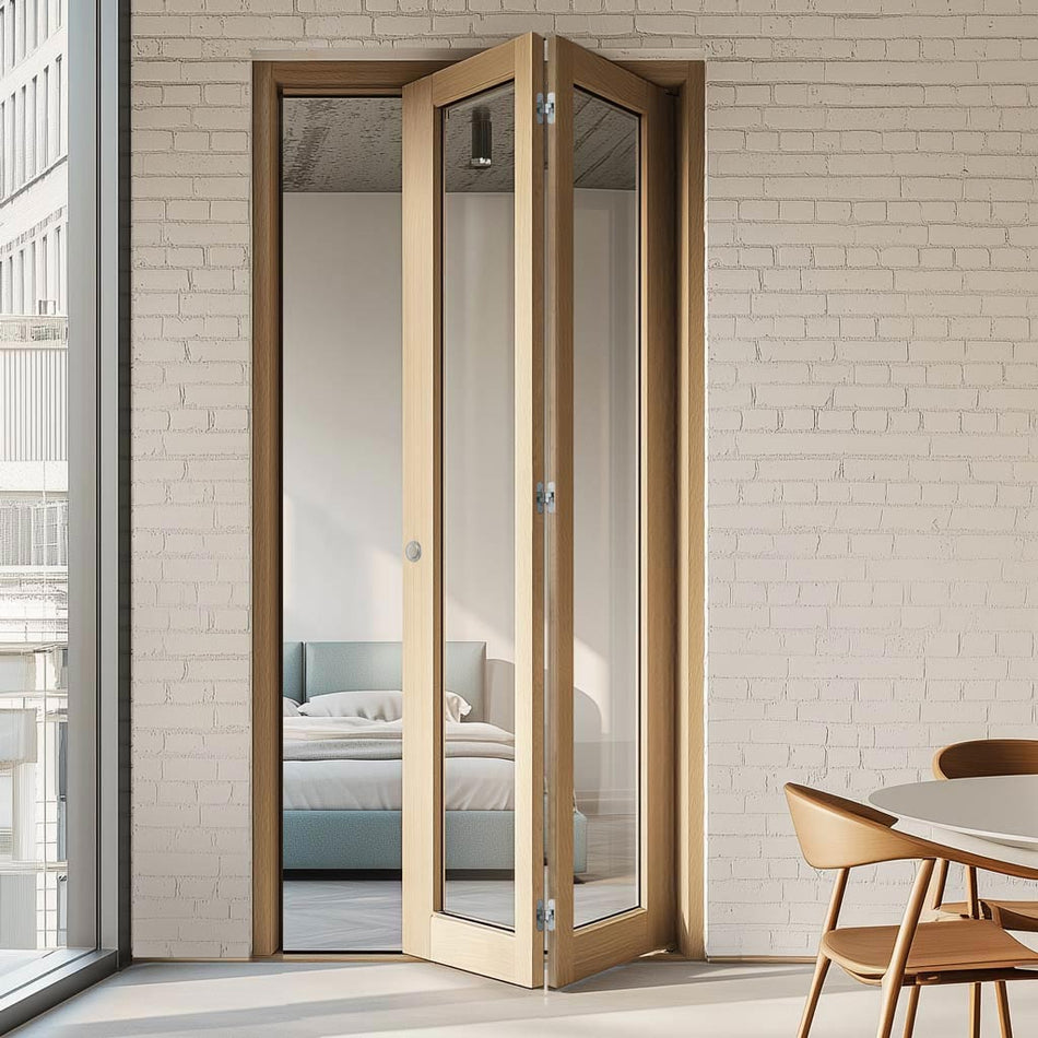 Contemporary Pattern 10 White Oak Bifold Internal Door - Clear Glass