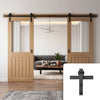 Double Sliding Door & Black Barn Track - Belize Oak Door - Silkscreen Etched Glass - Prefinished