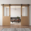 Double Sliding Door & Black Barn Track - Belize Oak Door - Silkscreen Etched Glass - Prefinished