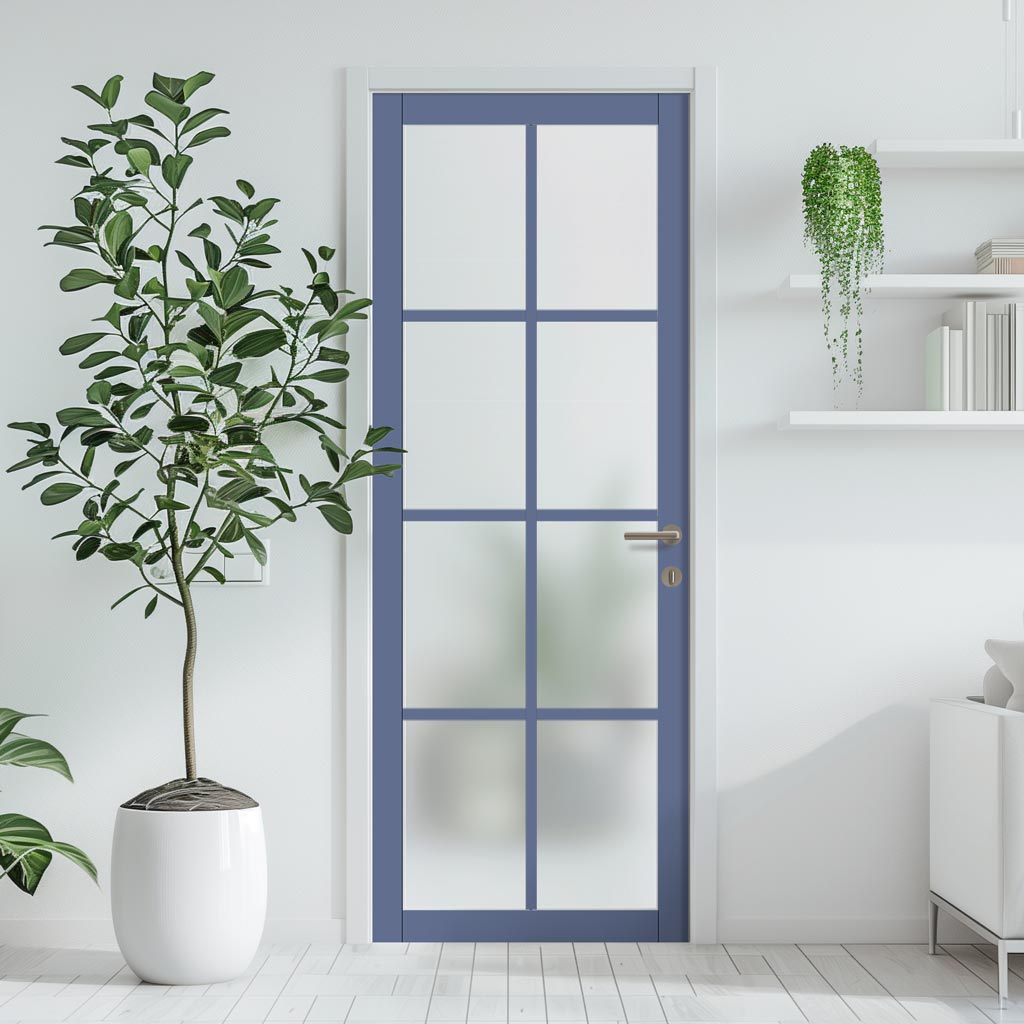 Perth 8 Pane Solid Wood Internal Door UK Made DD6318SG - Frosted Glass - Eco-Urban® Heather Blue Premium Primed