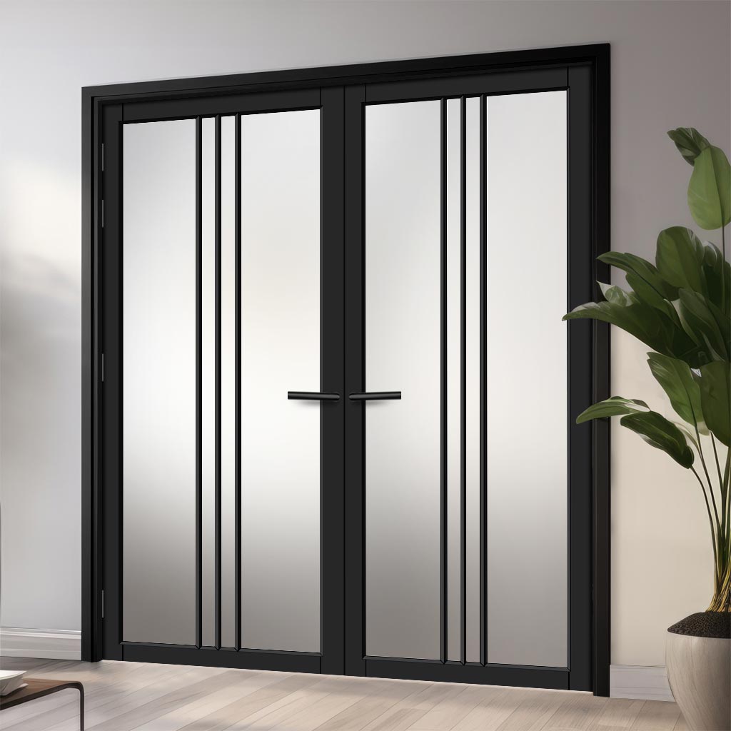 Galeria Solid Wood Internal Door Pair UK Made DD0102F Frosted Glass - Shadow Black Premium Primed - Urban Lite® Bespoke Sizes