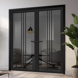 Image: Galeria Solid Wood Internal Door Pair UK Made DD0102T Tinted Glass - Shadow Black Premium Primed - Urban Lite® Bespoke Sizes