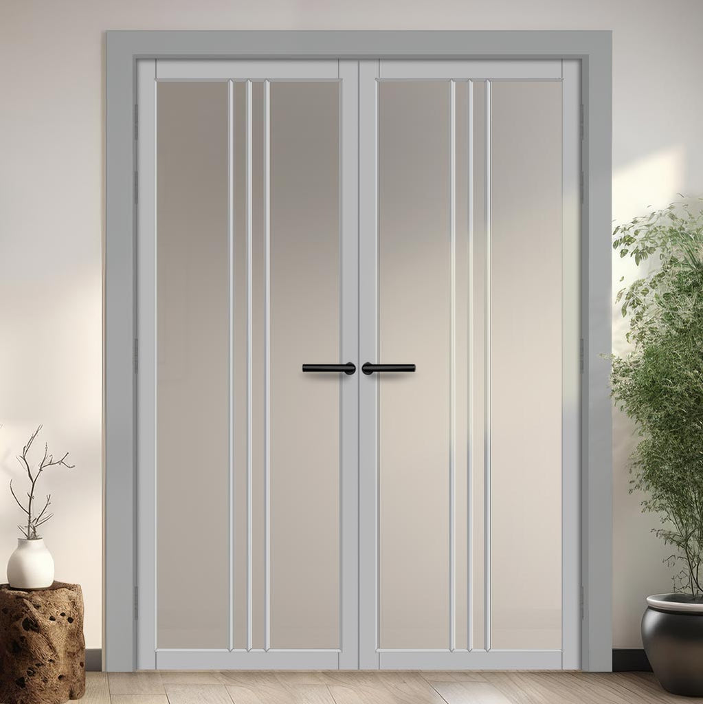 Galeria Solid Wood Internal Door Pair UK Made DD0102F Frosted Glass - Mist Grey Premium Primed - Urban Lite® Bespoke Sizes