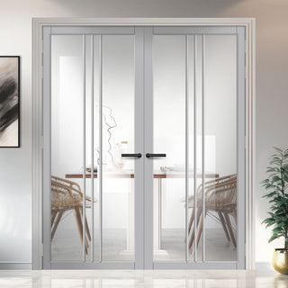 Image: Galeria Solid Wood Internal Door Pair UK Made DD0102C Clear Glass - Mist Grey Premium Primed - Urban Lite® Bespoke Sizes