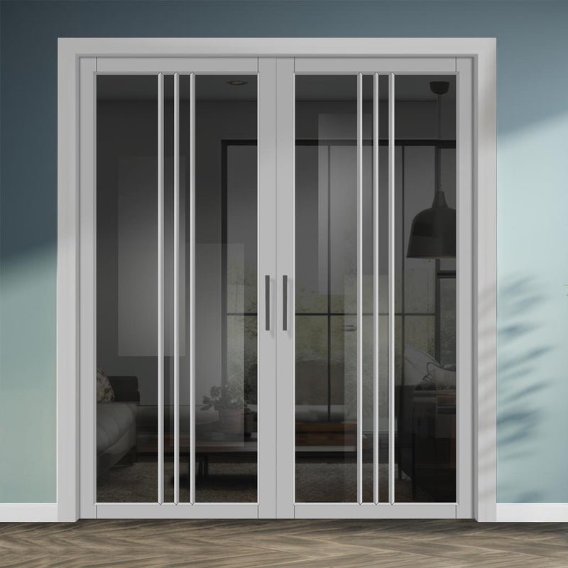 Galeria Solid Wood Internal Door Pair UK Made DD0102T Tinted Glass - Mist Grey Premium Primed - Urban Lite® Bespoke Sizes