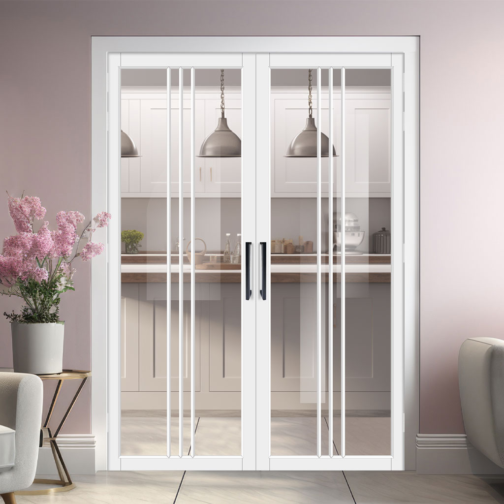 Galeria Solid Wood Internal Door Pair UK Made DD0102C Clear Glass - Cloud White Premium Primed - Urban Lite® Bespoke Sizes