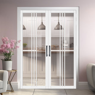 Image: Galeria Solid Wood Internal Door Pair UK Made DD0102C Clear Glass - Cloud White Premium Primed - Urban Lite® Bespoke Sizes