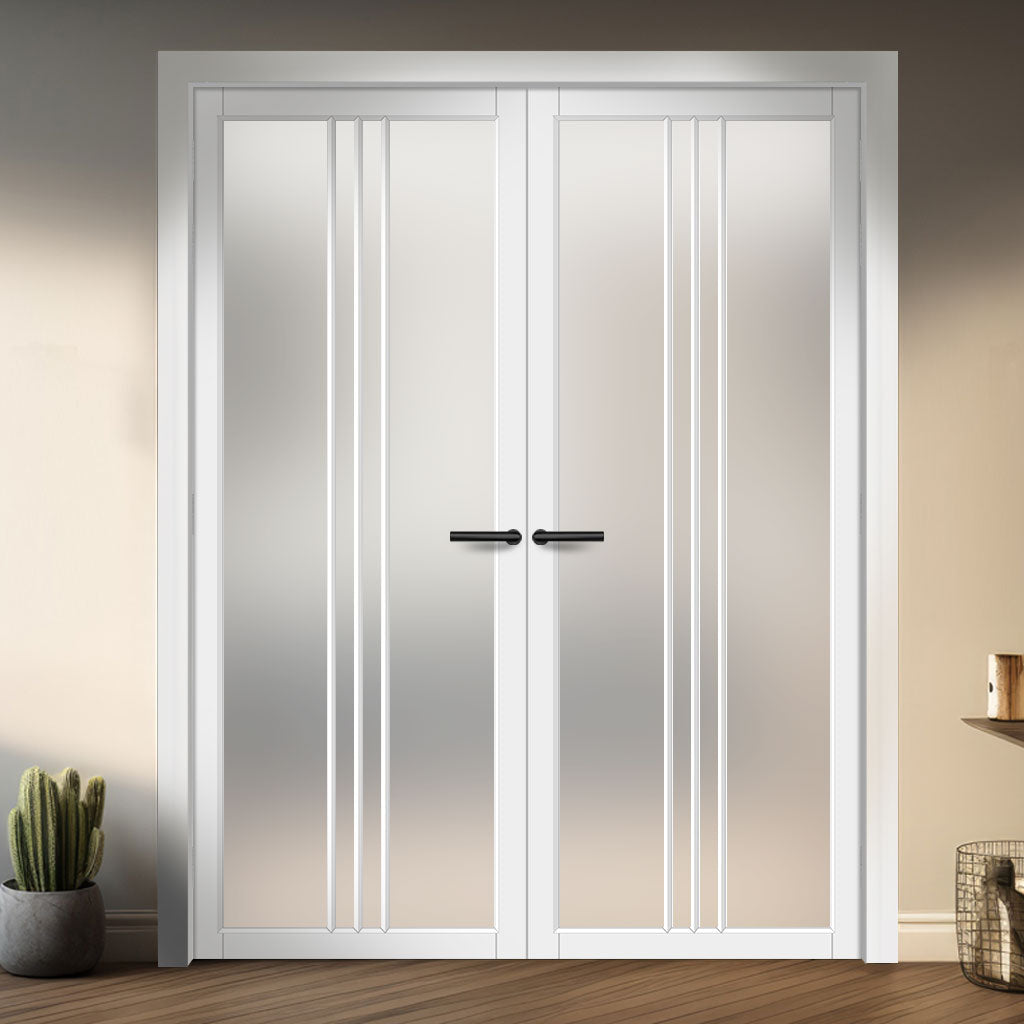 Galeria Solid Wood Internal Door Pair UK Made DD0102F Frosted Glass - Cloud White Premium Primed - Urban Lite® Bespoke Sizes