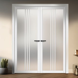 Image: Galeria Solid Wood Internal Door Pair UK Made DD0102F Frosted Glass - Cloud White Premium Primed - Urban Lite® Bespoke Sizes