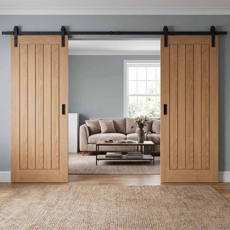 Double Sliding Door & Black Barn Track - Belize Oak Door - Unfinished