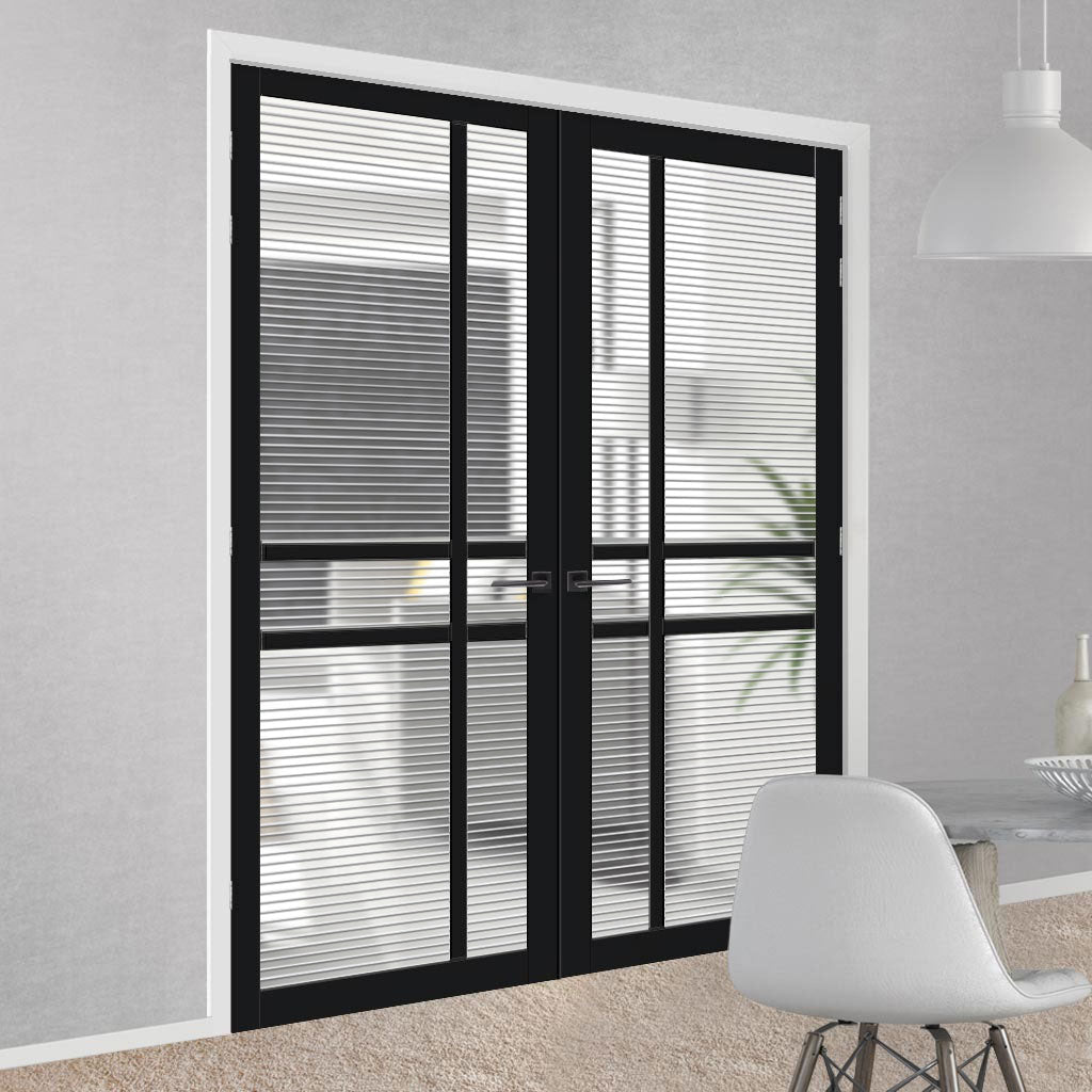 Glasgow 6 Pane Solid Wood Internal Door Pair UK Made DD6314 - Clear Reeded Glass - Eco-Urban® Shadow Black Premium Primed