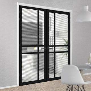 Image: Glasgow 6 Pane Solid Wood Internal Door Pair UK Made DD6314 - Clear Reeded Glass - Eco-Urban® Shadow Black Premium Primed