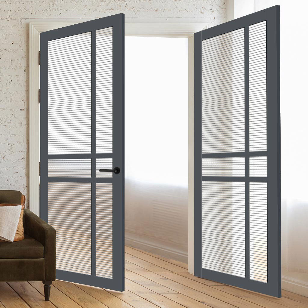 Glasgow 6 Pane Solid Wood Internal Door Pair UK Made DD6314 - Clear Reeded Glass - Eco-Urban® Stormy Grey Premium Primed