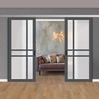 Image: Double Sliding Door & Premium Wall Track - Eco-Urban® Glasgow 6 Pane Doors DD6314SG - Frosted Glass - 6 Colour Options