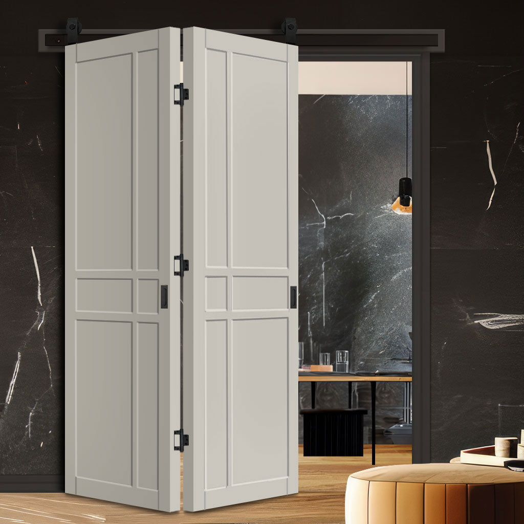 SpaceEasi Top Mounted Black Folding Track & Double Door - Eco-Urban® Glasgow 6 Panel Solid Wood Door DD6314 - Premium Primed Colour Options