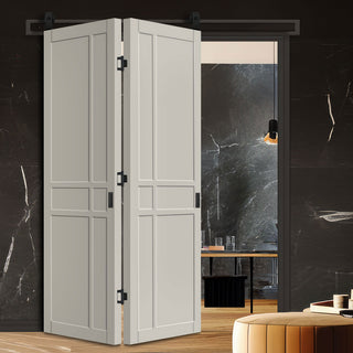 Image: SpaceEasi Top Mounted Black Folding Track & Double Door - Eco-Urban® Glasgow 6 Panel Solid Wood Door DD6314 - Premium Primed Colour Options