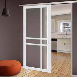 Image: Single Sliding Door & Premium Wall Track - Eco-Urban® Glasgow 6 Pane Door DD6314SG - Frosted Glass - 6 Colour Options