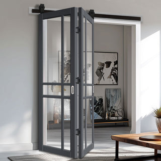 Image: SpaceEasi Top Mounted Black Folding Track & Double Door - Eco-Urban® Glasgow 6 Pane Solid Wood Door DD6314G - Clear Glass - Premium Primed Colour Options