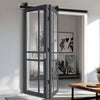 SpaceEasi Top Mounted Black Folding Track & Double Door - Eco-Urban® Glasgow 6 Pane Solid Wood Door DD6314G - Clear Glass - Premium Primed Colour Options