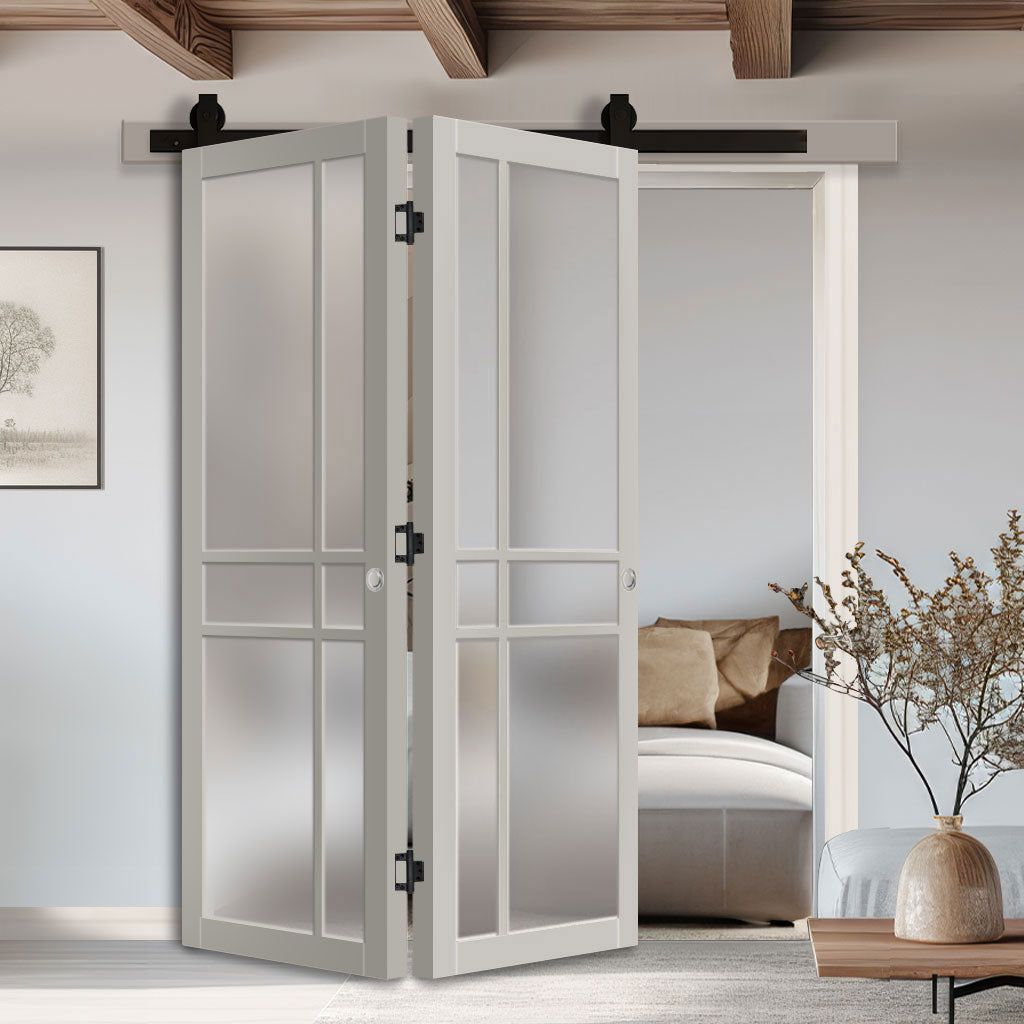 SpaceEasi Top Mounted Black Folding Track & Double Door - Eco-Urban® Glasgow 6 Pane Solid Wood Door DD6314SG - Frosted Glass - Premium Primed Colour Options