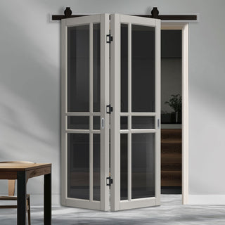 Image: SpaceEasi Top Mounted Black Folding Track & Double Door - Handcrafted Eco-Urban Glasgow 6 Pane Solid Wood Door DD6314 - Tinted Glass - Premium Primed Colour Options