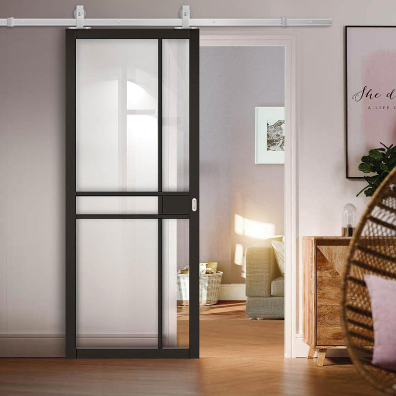 Top Mounted Stainless Steel Sliding Track & Door - Greenwich Black Painted Door - Clear Glass - Prefinished