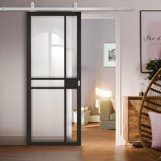 Image: Top Mounted Stainless Steel Sliding Track & Door - Greenwich Black Primed Door - Clear Glass