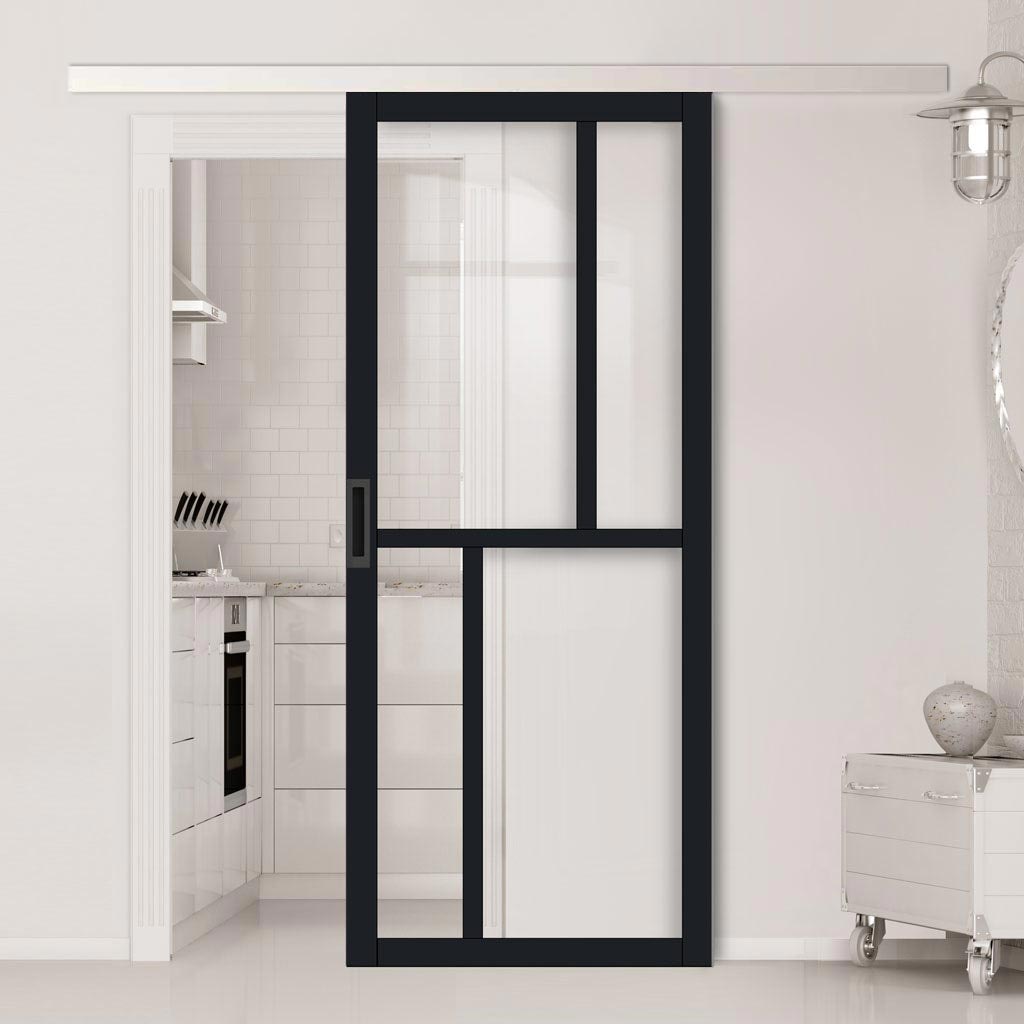 Single Sliding Door & Premium Wall Track - Eco-Urban® Hampton 4 Pane Door DD6413G Clear Glass - 6 Colour Options