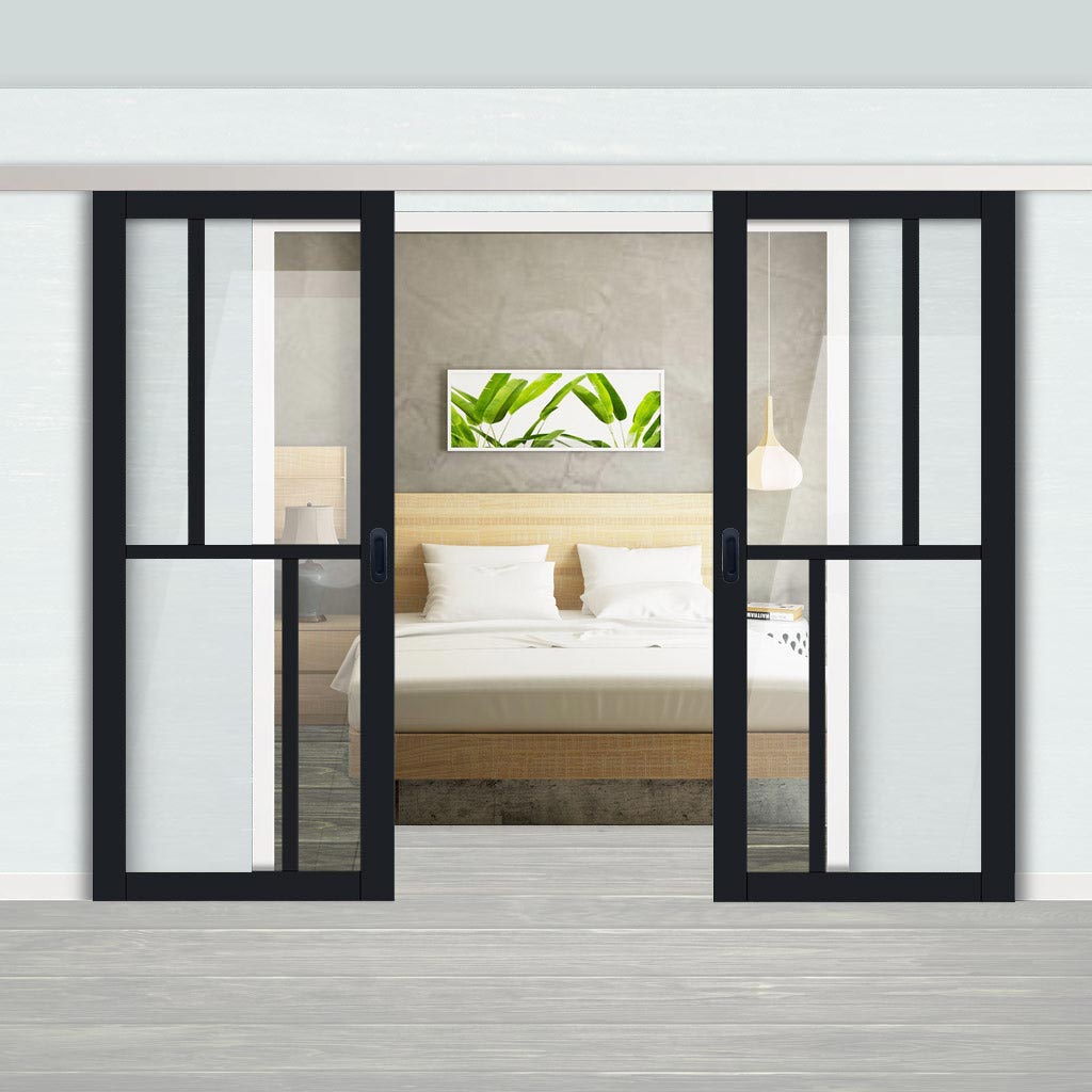 Double Sliding Door & Premium Wall Track - Eco-Urban® Hampton 4 Pane Doors DD6413G Clear Glass - 6 Colour Options