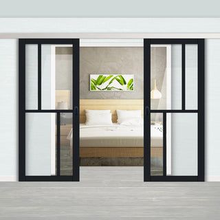 Image: Double Sliding Door & Premium Wall Track - Eco-Urban® Hampton 4 Pane Doors DD6413G Clear Glass - 6 Colour Options