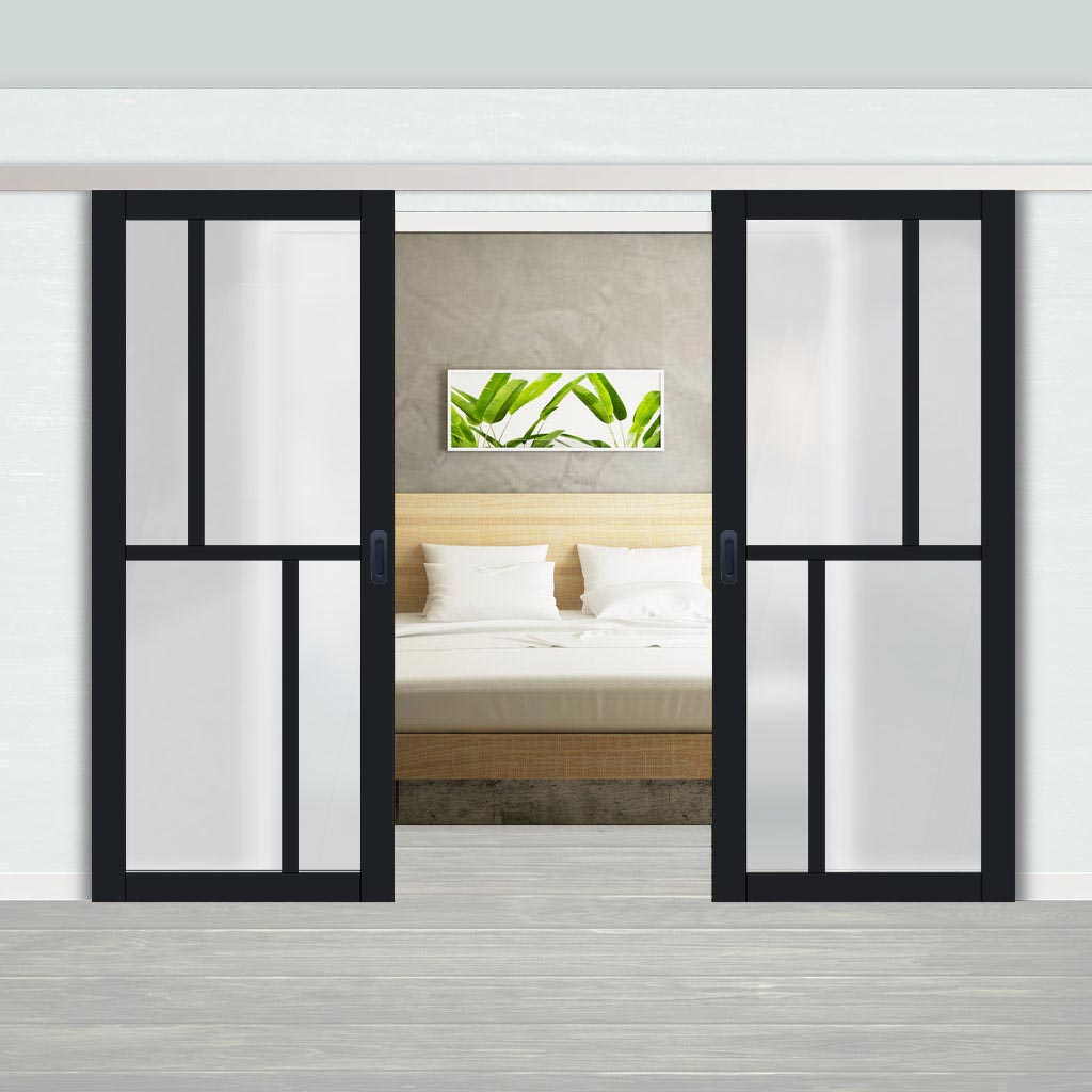 Double Sliding Door & Premium Wall Track - Eco-Urban® Hampton 4 Pane Doors DD6413SG Frosted Glass - 6 Colour Options