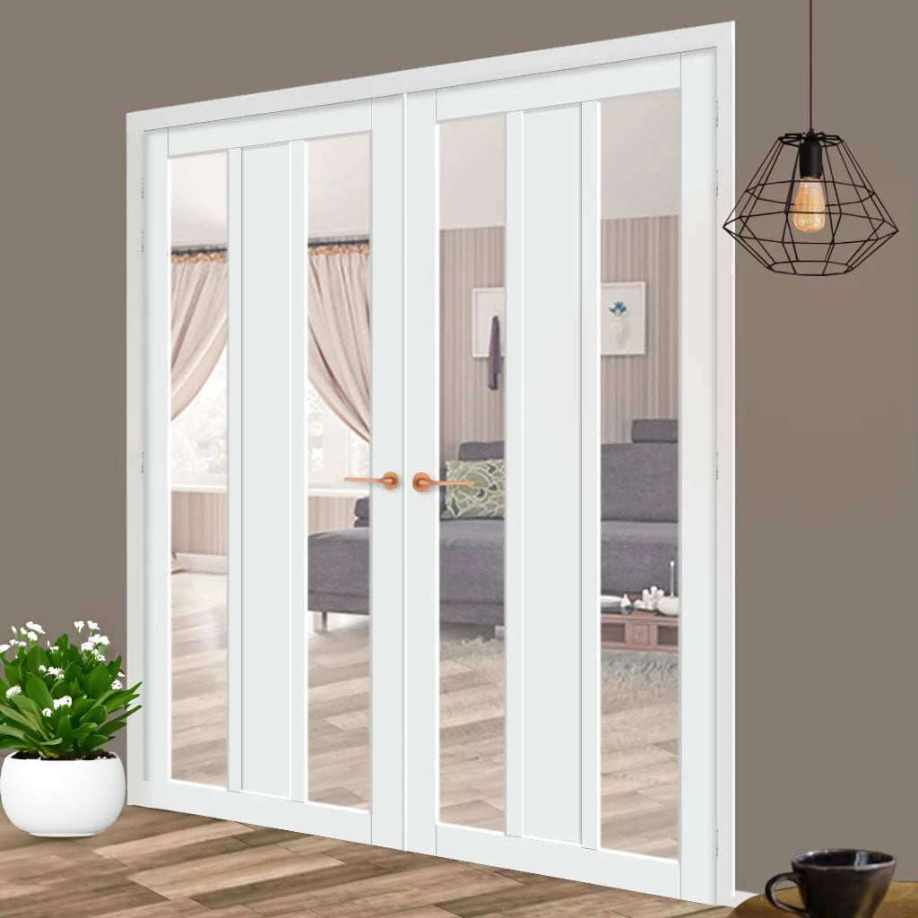 Eco-Urban Avenue 2 Pane 1 Panel Solid Wood Internal Door Pair UK Made DD6410G Clear Glass - Eco-Urban® Cloud White Premium Primed