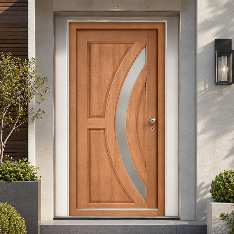 Harrow Hardwood Front Door and Frame Set with Fittings - Frosted Toughened Double Glazing
