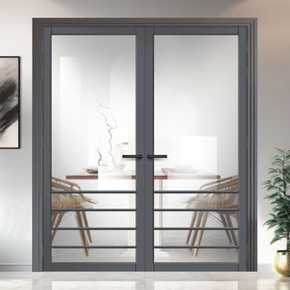 Image: Hirahna Solid Wood Internal Door Pair UK Made DD0109C Clear Glass - Stormy Grey Premium Primed - Urban Lite® Bespoke Sizes