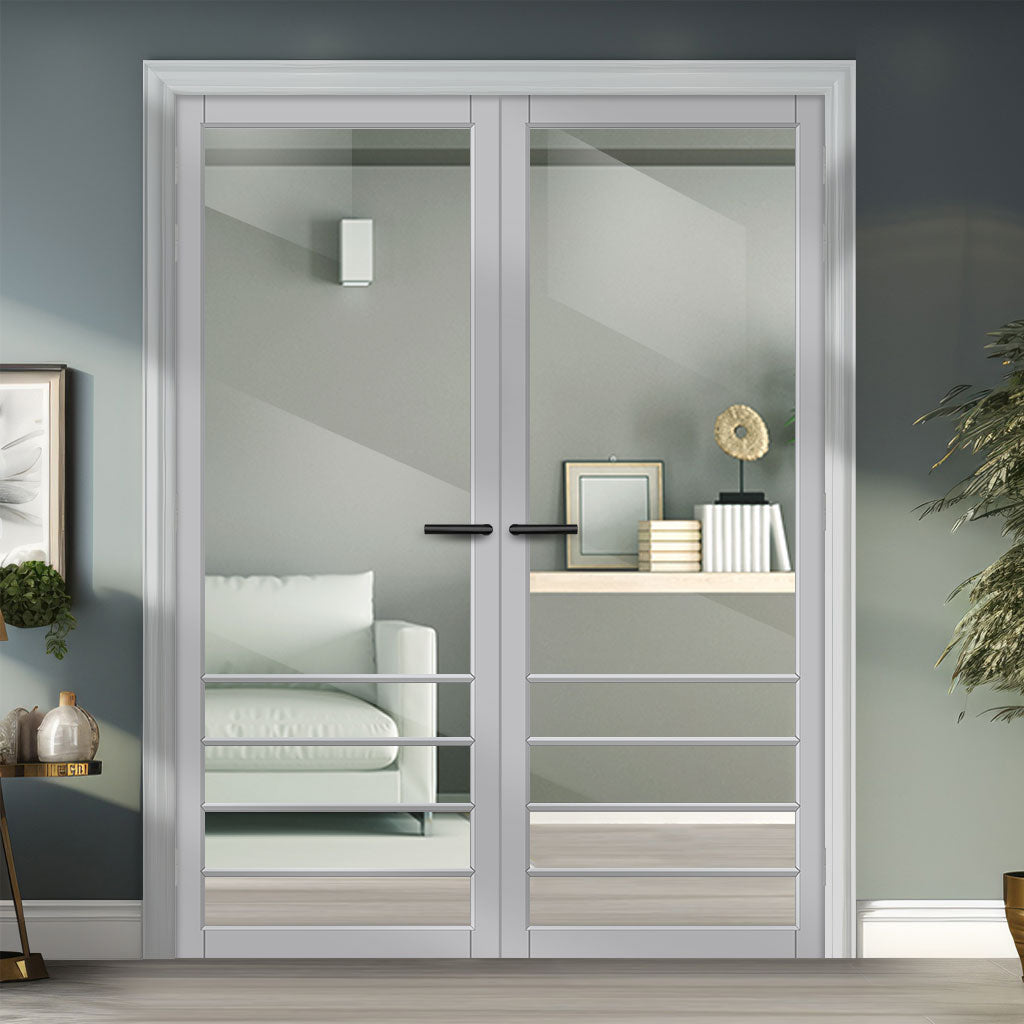 Hirahna Solid Wood Internal Door Pair UK Made DD0109C Clear Glass - Mist Grey Premium Primed - Urban Lite® Bespoke Sizes