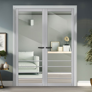 Image: Hirahna Solid Wood Internal Door Pair UK Made DD0109C Clear Glass - Mist Grey Premium Primed - Urban Lite® Bespoke Sizes