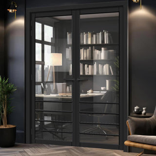 Image: Hirahna Solid Wood Internal Door Pair UK Made DD0109C Clear Glass - Shadow Black Premium Primed - Urban Lite® Bespoke Sizes