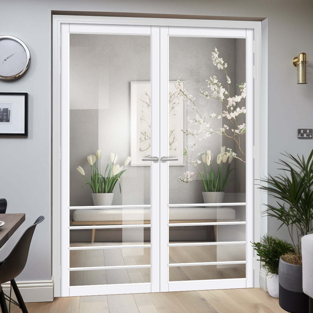 Hirahna Solid Wood Internal Door Pair UK Made DD0109C Clear Glass - Cloud White Premium Primed - Urban Lite® Bespoke Sizes