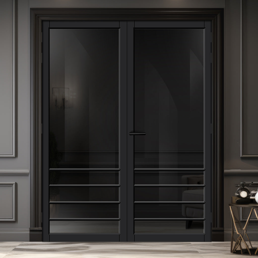 Hirahna Solid Wood Internal Door Pair UK Made DD0109T Tinted Glass - Shadow Black Premium Primed - Urban Lite® Bespoke Sizes