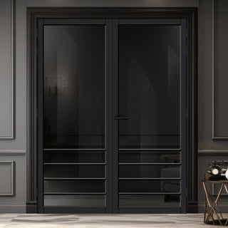Image: Hirahna Solid Wood Internal Door Pair UK Made DD0109T Tinted Glass - Shadow Black Premium Primed - Urban Lite® Bespoke Sizes