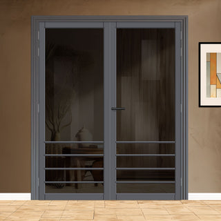 Image: Hirahna Solid Wood Internal Door Pair UK Made DD0109T Tinted Glass - Stormy Grey Premium Primed - Urban Lite® Bespoke Sizes